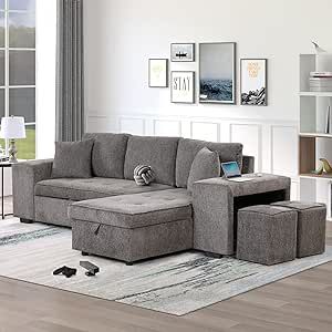 FANYE Corner Sectional Sleeper Reversible Storage Chaise, Modern Convertible Practical Sofa Pull Out Sleep Couch Bed for Home Apartment Office Sofabed, Charcoal Gray 2 Stools 104.5" W