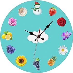 Wall Clock Creative Design,Fruits and Floral, Snowman with Shell Silent Round Clock Sunflower and Rose Silent Battery Operated Non-Ticking Clock Decorative Clock Home Room School Library 12 Inch
