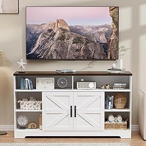 PakaLife Farmhouse TV Stand for 65+ Inch TV,Modern Entertainment Center with Sliding Barn Door and Storage Cabinets, Media Console Table Television Stand with Adjustable Shelf for Living Room, White