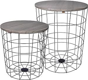 Elevon Wire Basket Base with Wood Tops Side Table Set of 2, Gray