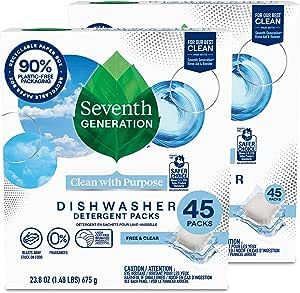 Seventh Generation Dishwasher Detergent Packs for Sparkling Dishes Free & Clear Dishwasher Tabs 45 Count, Pack of 2 (Packaging May Vary)