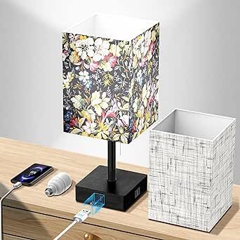 SRTCLLT Table Bedside Lamps for Bedroom, Small Nightstand Lamp with USB Port and Outlets, Decor Flower Lights for Living Room, Study, Home Office, Dorm, Library