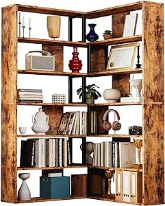 IRONCK Bookshelves 6-Tier with Industrial Large Corner Etagere Shelf Bookcases Display Storage Shelves for Home Office, Living Room, Bed Room, Vintage Brown